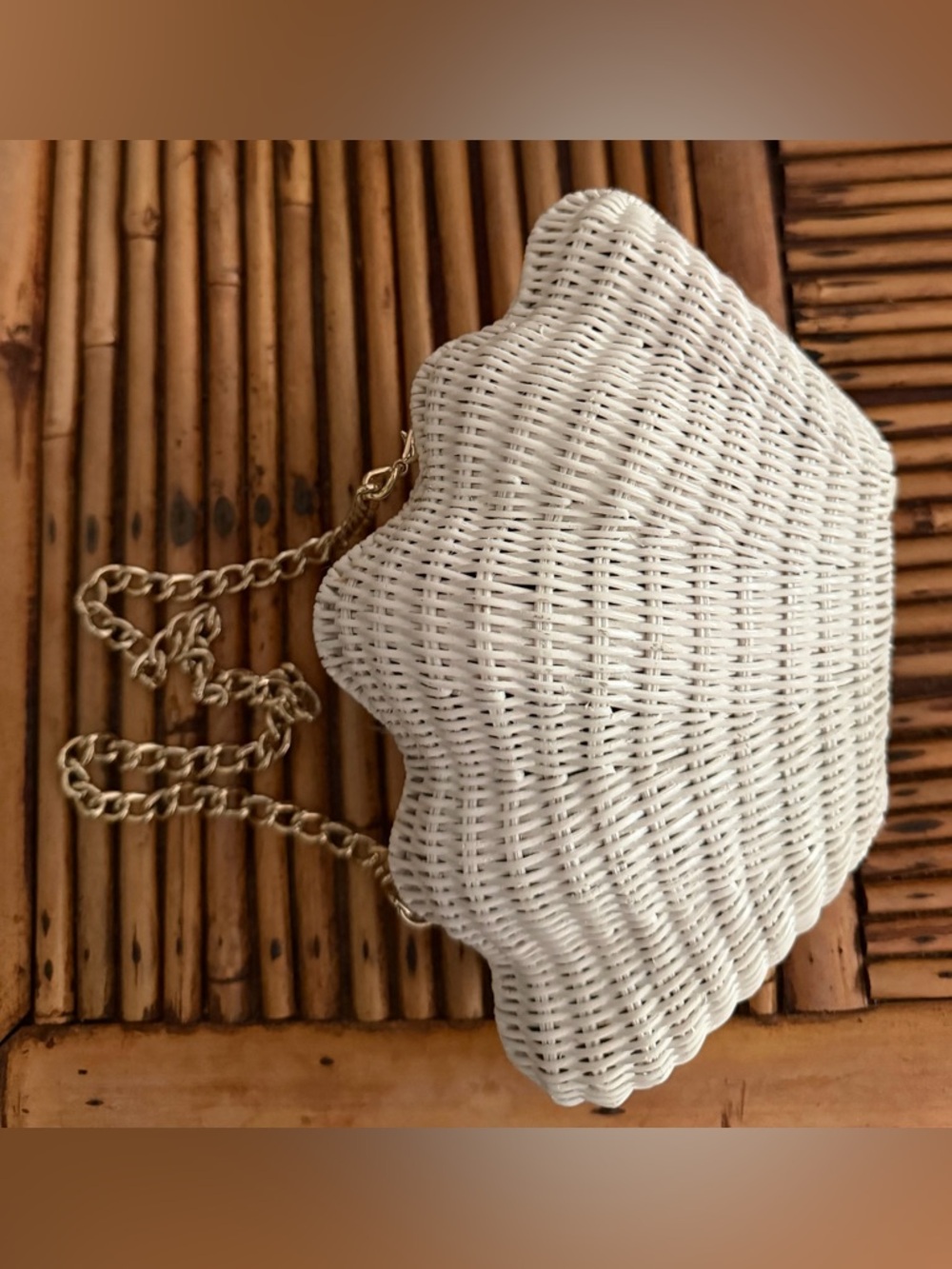 Talbots White Woven Wicker Shell Clutch with short Gold Chain